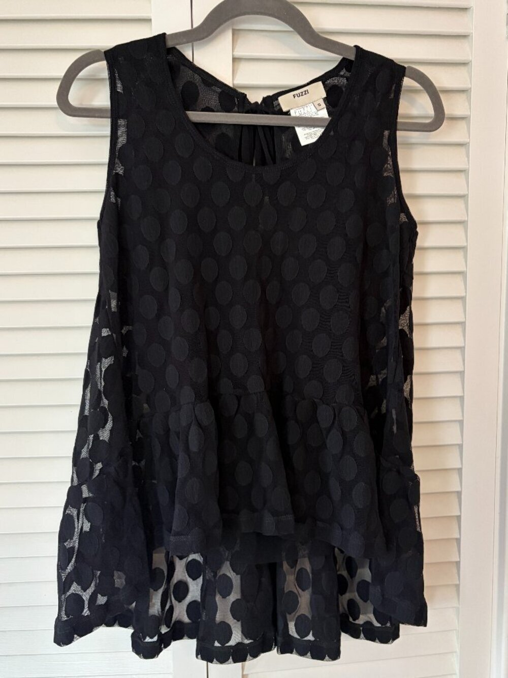 Fuzzi sleeveless blouse small polka dot tulle overlay black Italy blouse peplum